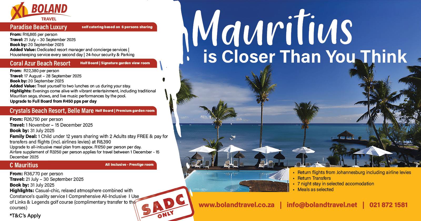 Dreaming of Mauritius? Your escape starts here! | SADC Resident specials | XL Boland Travel