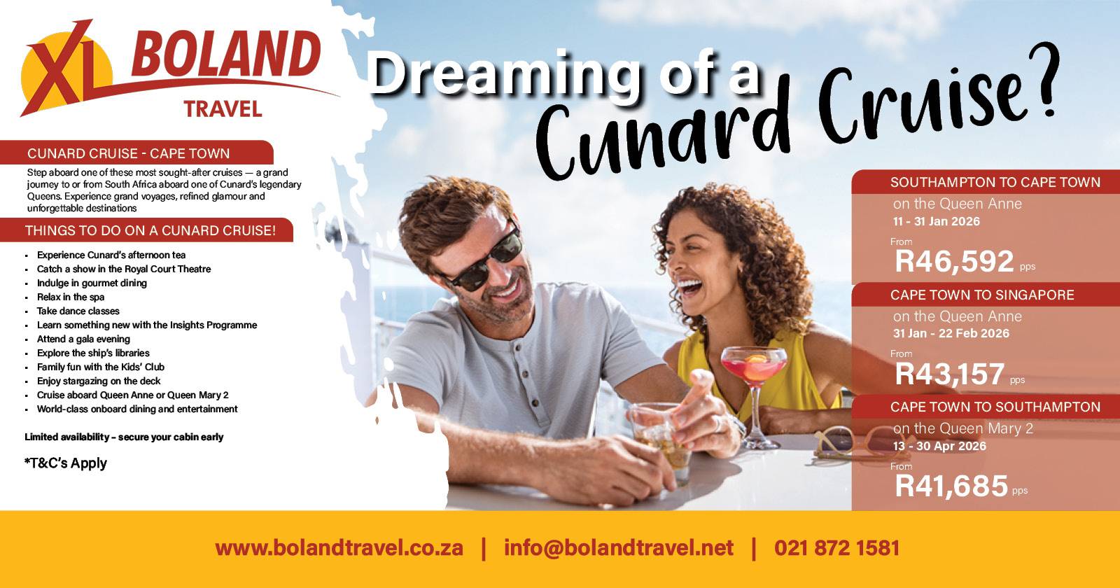 Experience the magic of a Cunard Cruise grand voyage with XL Boland Travel