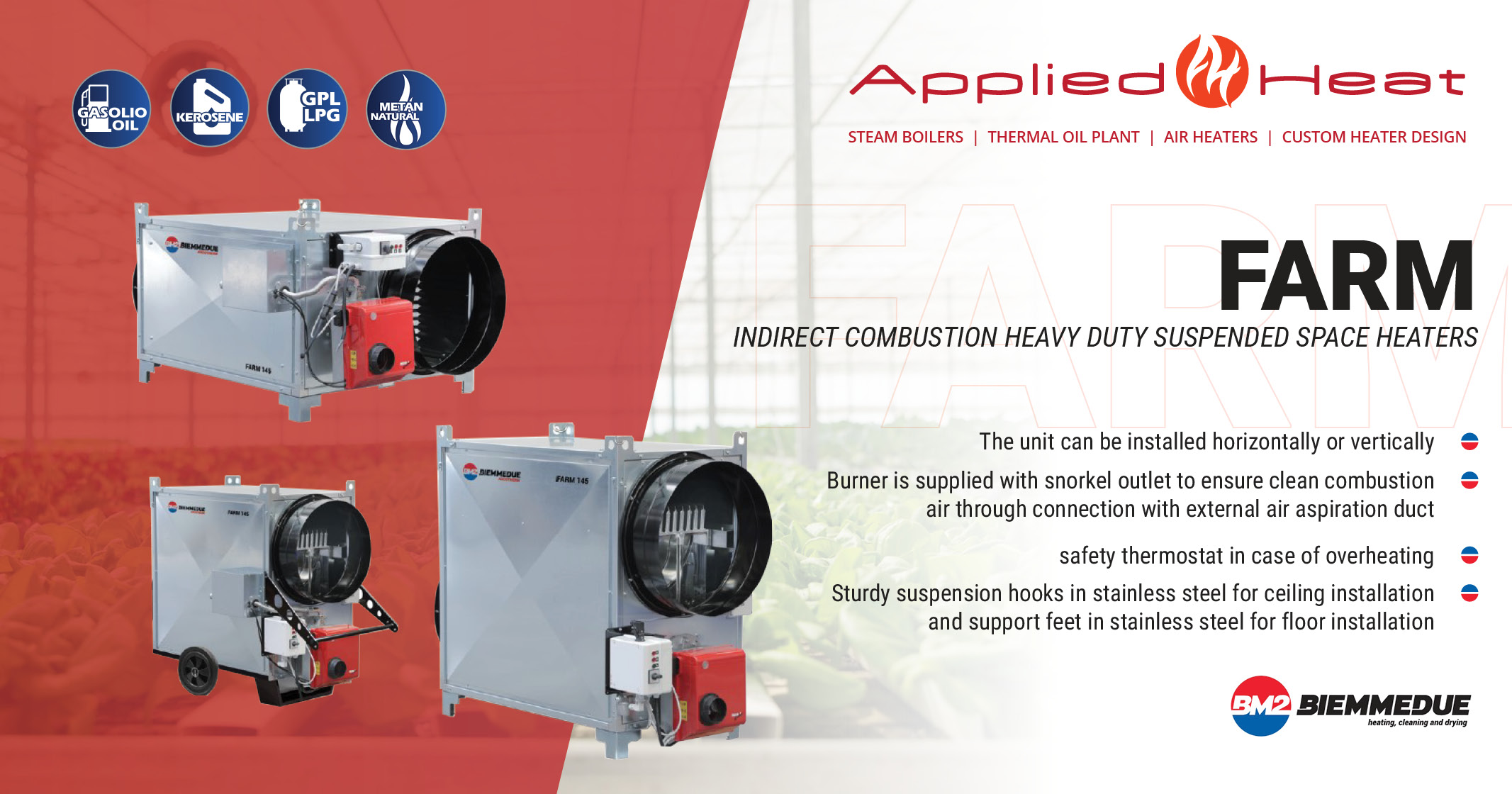 FARM Indirect combustion heavy duty suspended space heaters | Applied Heat