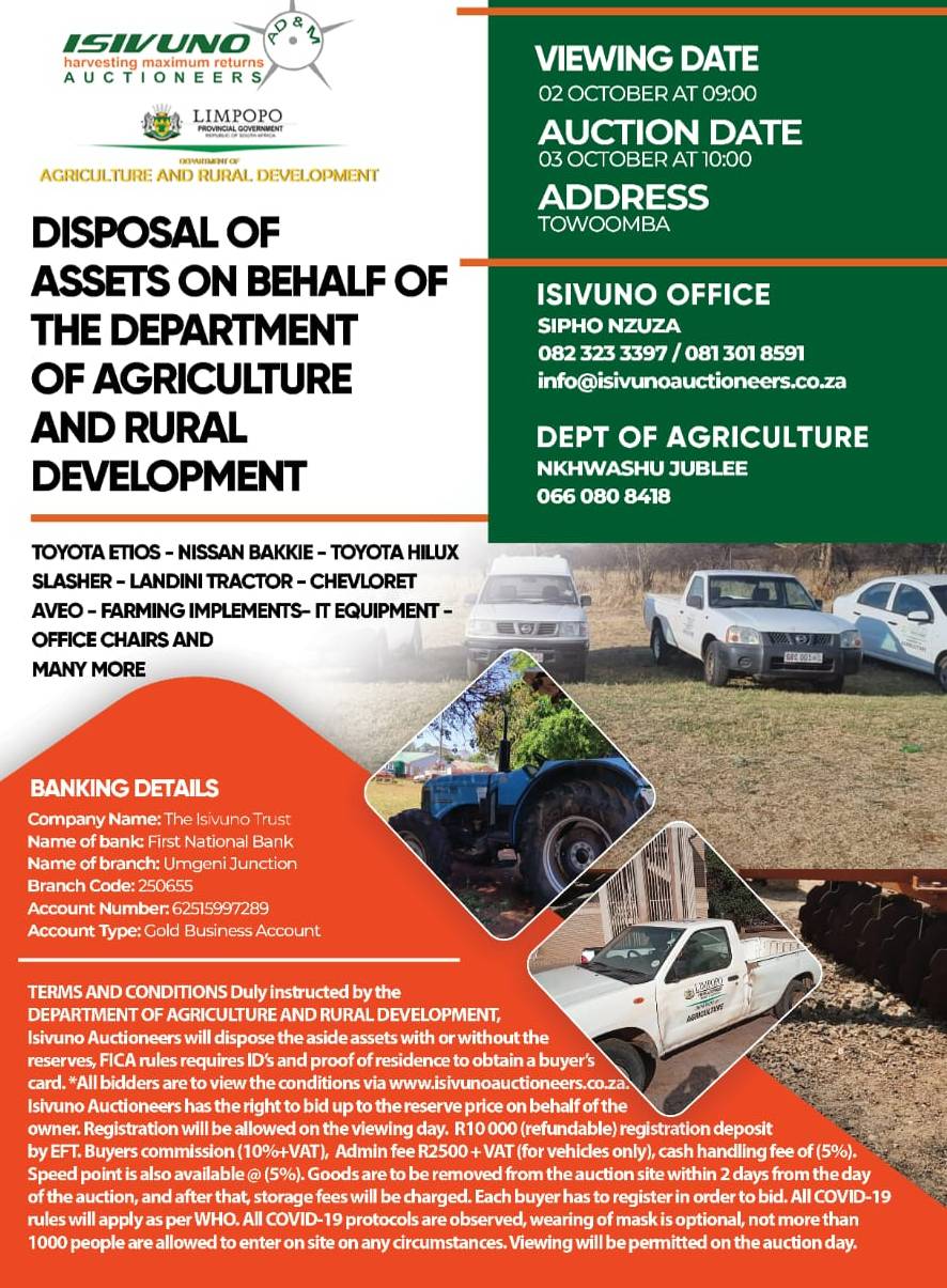 Isivuno Auctioneers on behalf of Dept of Agriculture Presents Onsite Loose Asset Auction