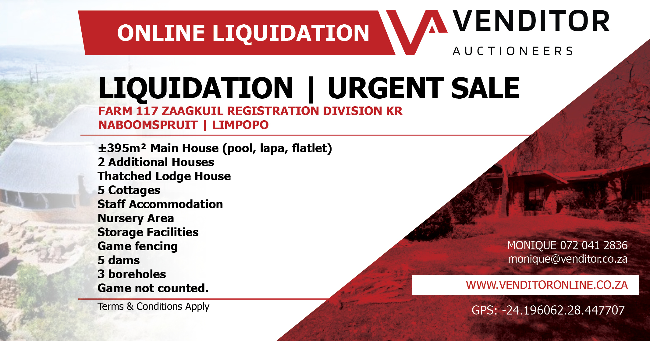 LIQUIDATION SALE – 1985ha GAME FARM WITH LODGE & VARIOUS DWELLINGS / COTTAGES | Venditor Auctioneers - 1