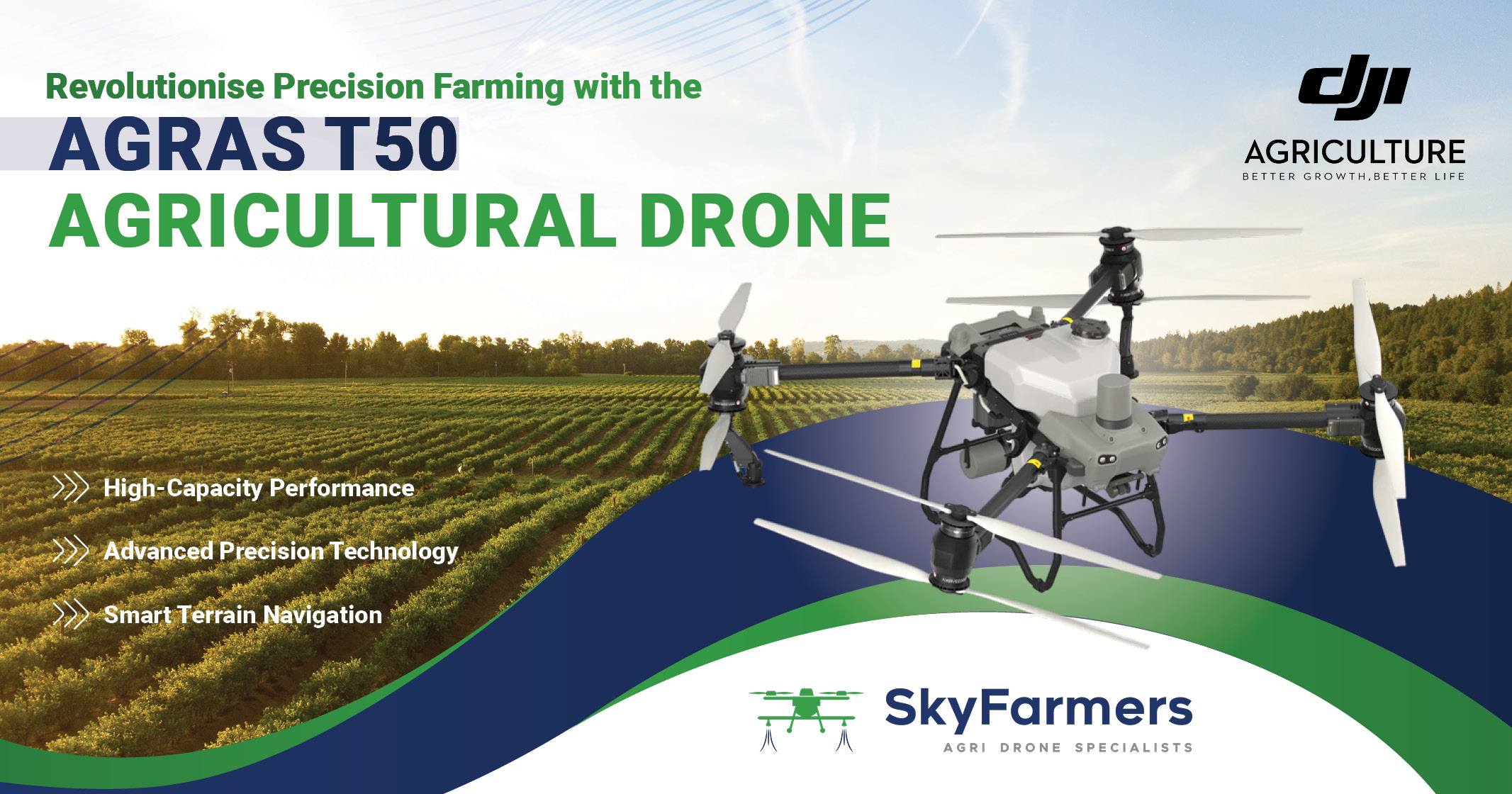 Revolutionise precision farming with the DJI Agras T50 Agricultural Drone | SkyFarmers