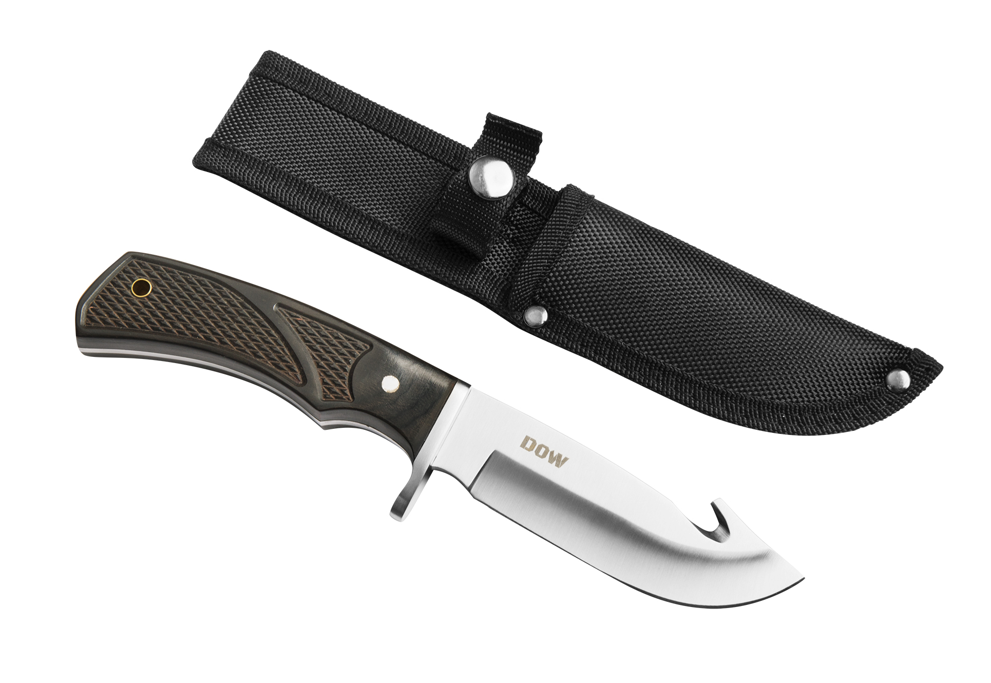 The DOW. Black Pakkawood 9.5 Inch Satin Hook Blade+Sheath (K-4492) | Outdoor Innovation