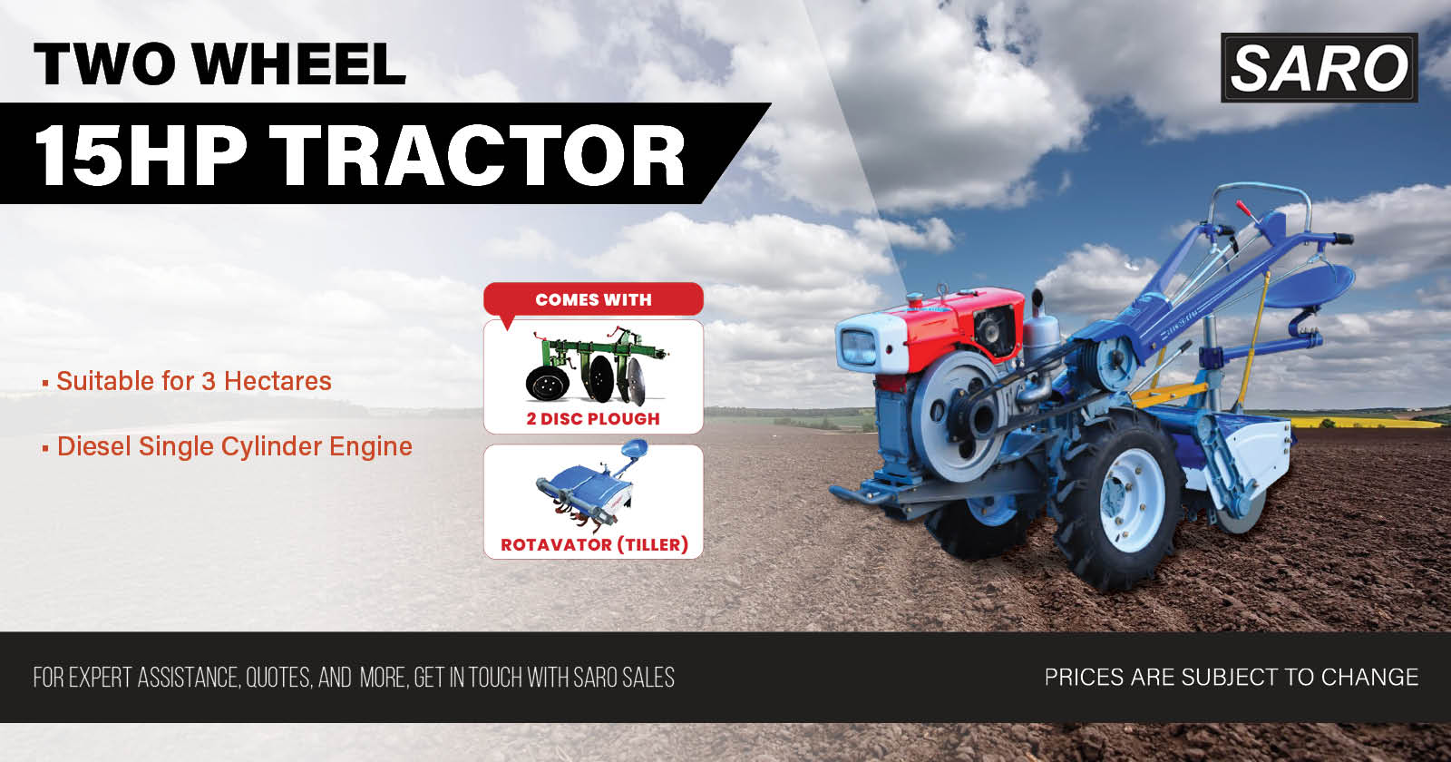 Two wheel 15HP tractor | Diesel single cylinder engine | Saro Agro